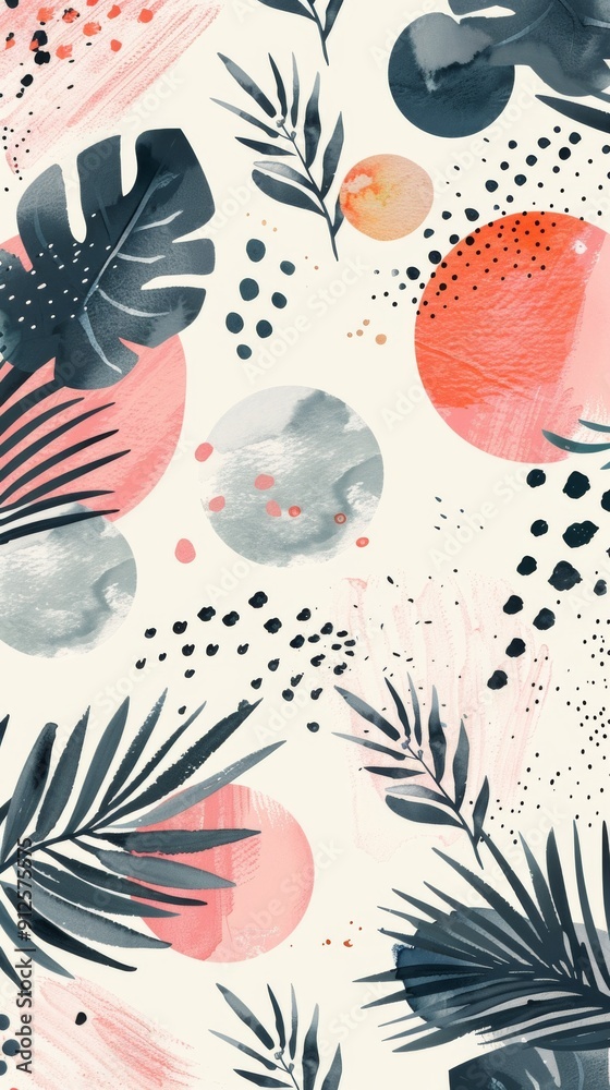 Abstract Tropical Leaves and Shapes Pattern with Soft Colors Abstract Tropical Leaves and Shapes Pattern with Soft Colors