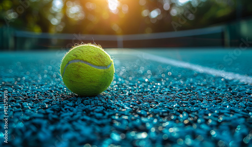 A tennis ball is sitting on a blue court. The ball is green and has a white line on it photo