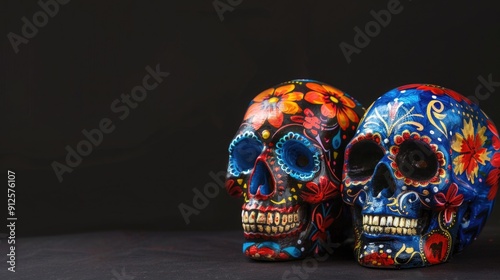 Mexico's Day of the Dead Festivities. Decorative bright, colorful skulls on a dark textured background. space for text