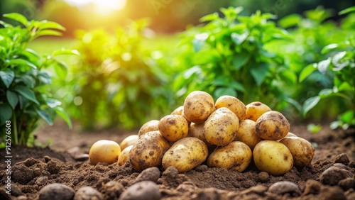 Freshly harvested potatoes on the ground, surrounded by green foliage in a rural setting, Potatoes, harvest, field, fresh