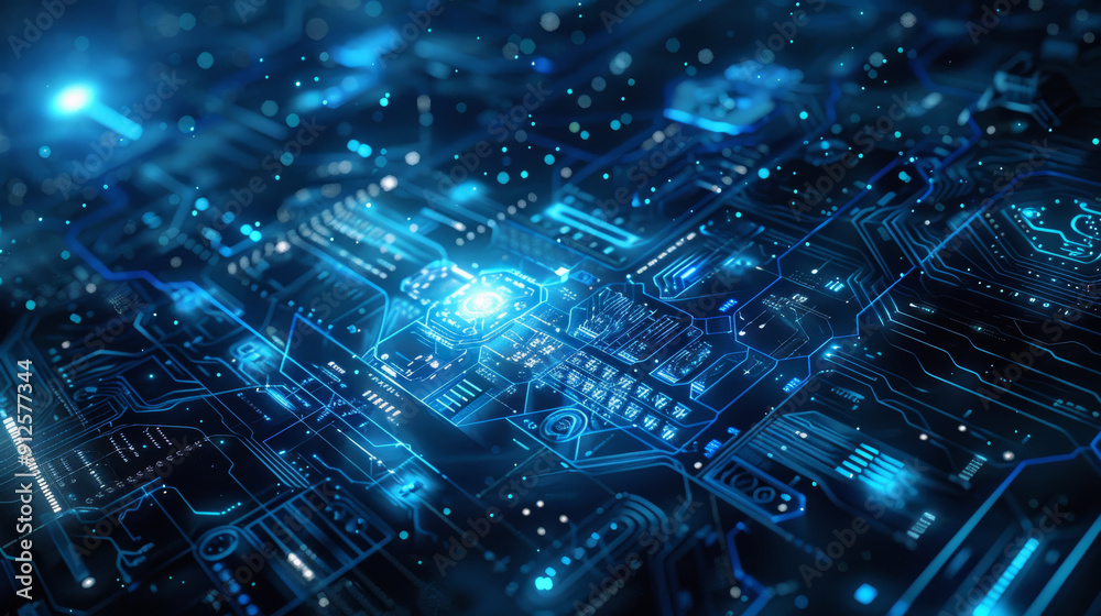 Complex holographic system board glow in blue hues, showcasing futuristic technology in a digital landscape Complex holographic system board glow in blue hues, showcasing futuristic technology in a digital landscape