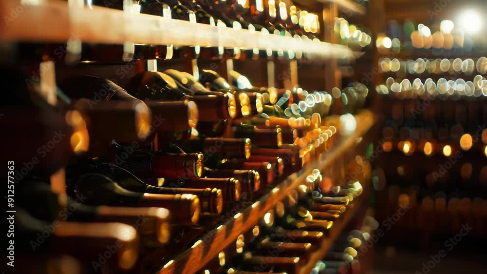 A myriad of bottles in the traditional rustic wine cellar underground.