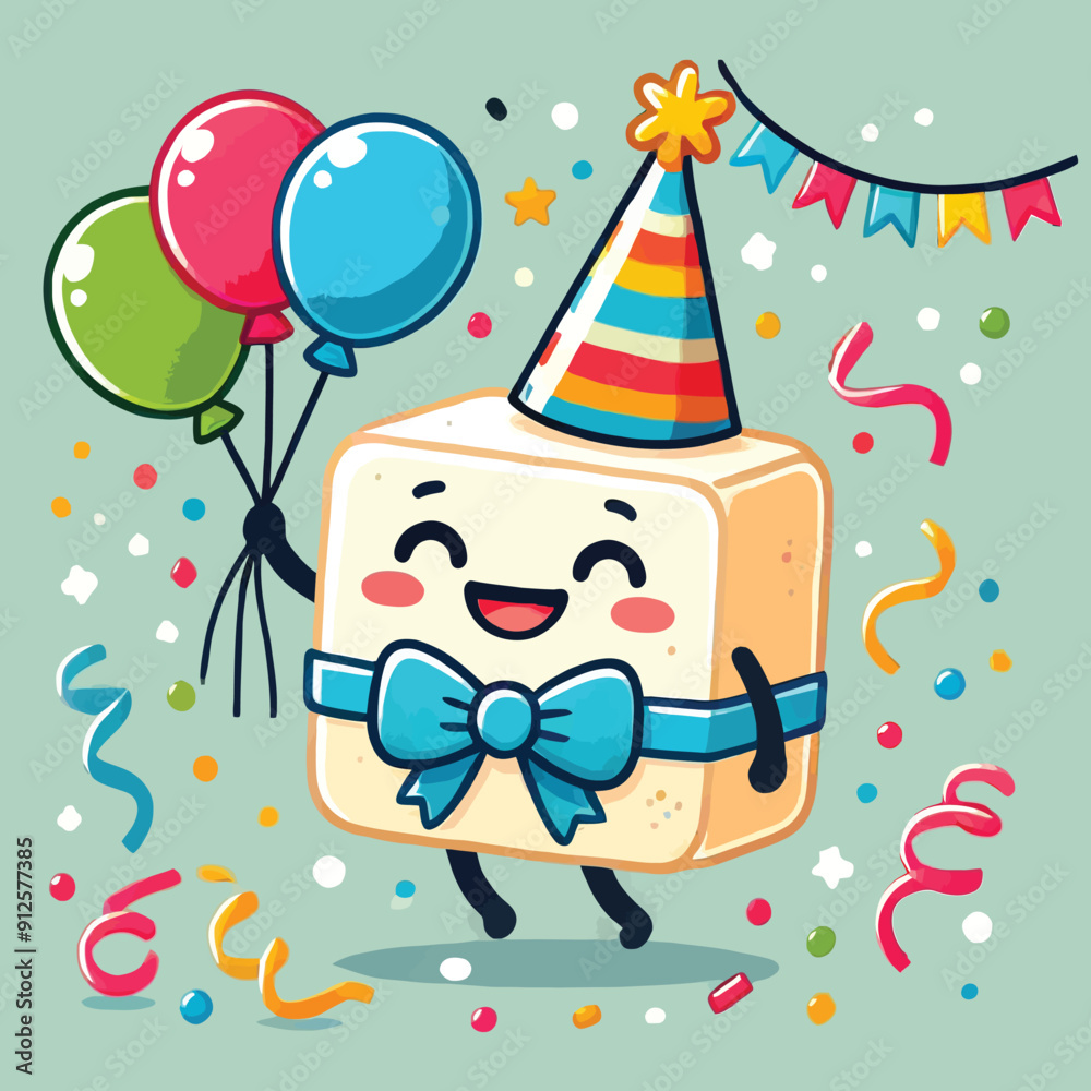 Naklejka premium cartoon of a cheerful tofu character wearing a party hat and holding balloons