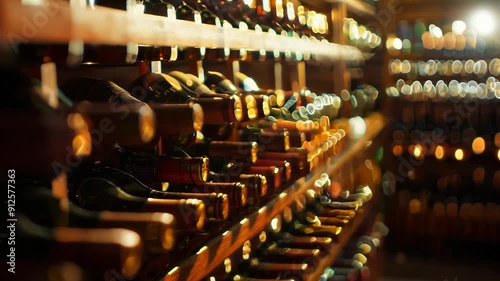 A myriad of bottles in the traditional rustic wine cellar underground. photo