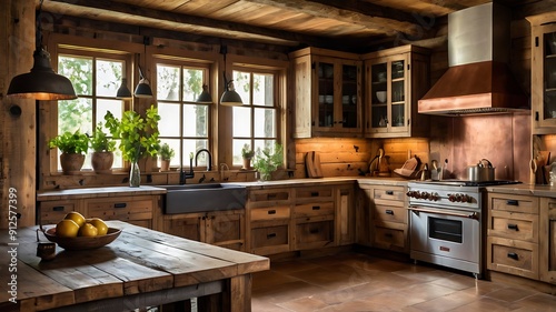 Rustic kitchen interior wooden cabinets and coppe photo