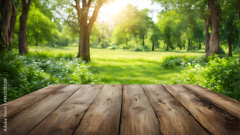 A wooden table with a view of a lush green field A wooden table with a view of a lush green field