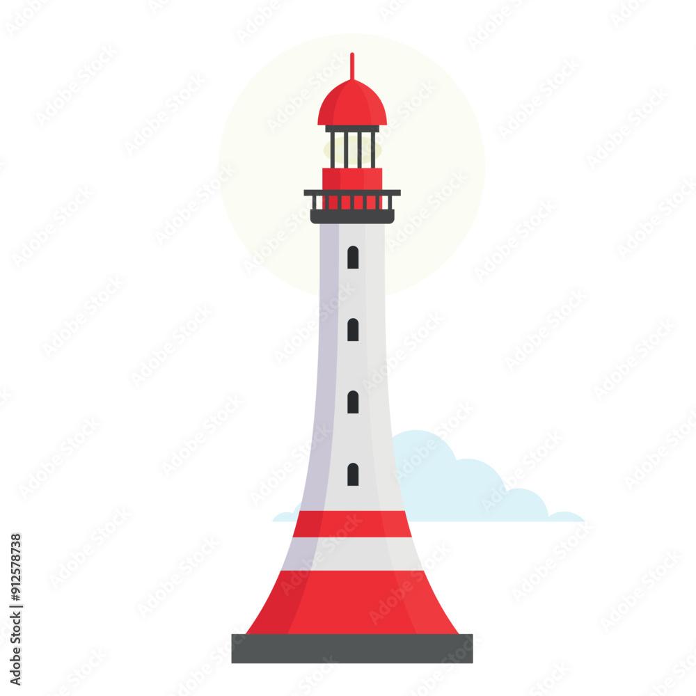 White and red lighthouse under bright sky with soft blue clouds