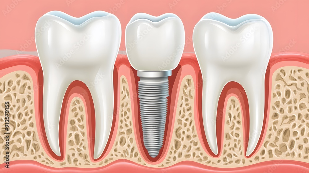 Human tooth in cross-section and dental implant. Human tooth in cross-section and dental implant.