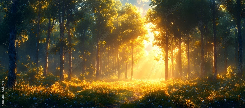 Beautiful forest with tall trees and sunlight shining through the ...