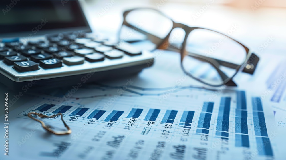 A calculator and glasses rest on financial reports during a work session focused on data analysis A calculator and glasses rest on financial reports during a work session focused on data analysis