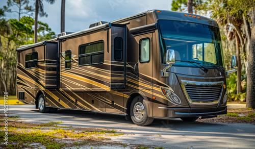 A large, luxurious, and colorful motor home is parked in a grassy area