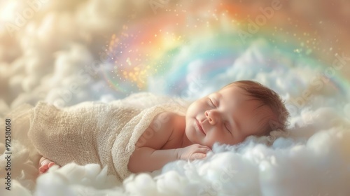 Obraz na płótnie A cute newborn sleeping, wrapped in a white cloth. Lying on fluffy clouds with a rainbow as the background w salonie