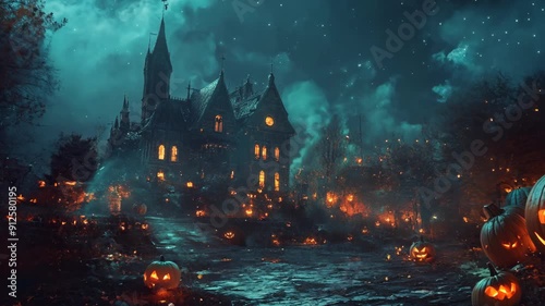 Spooky halloween night at the enchanted haunted house with glowing pumpkins