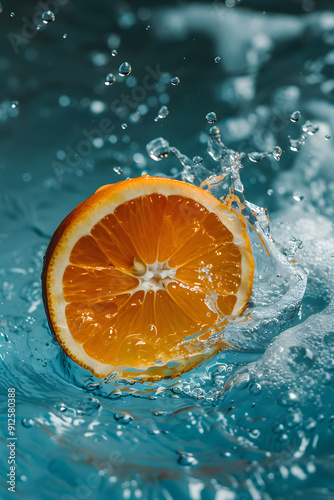 Freshly cut orange slice splashing into water. 