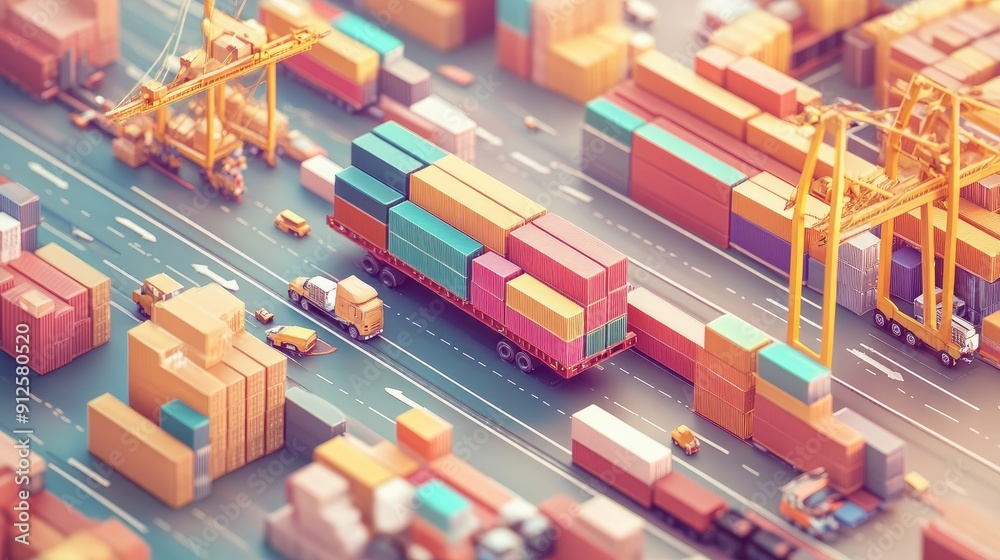 Cargo transport in import-export logistics flat design top view navigation theme 3D render colored pastel Cargo transport in import-export logistics flat design top view navigation theme 3D render colored pastel