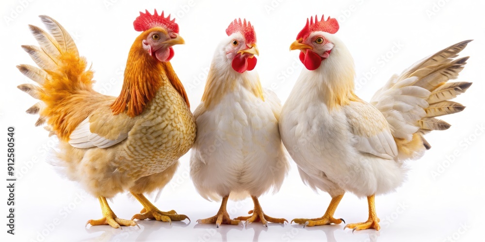 Fototapeta premium Adorable chickens showcase their unique personalities, standing proudly, pecking at the ground, and flapping their wings in various poses against a clean white background.