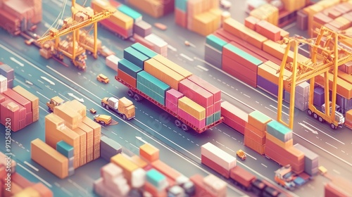 Cargo transport in import-export logistics flat design top view navigation theme 3D render colored pastel