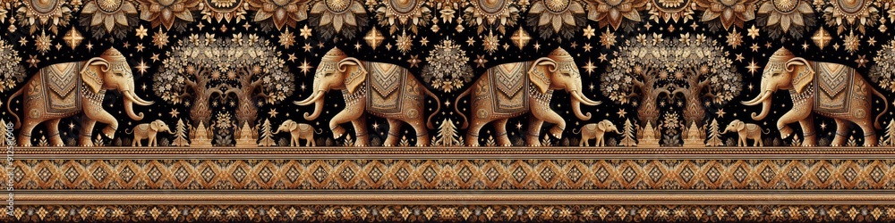 An ornate elephant illustration surrounded by floral patterns and stars, representing rich cultural artistry An ornate elephant illustration surrounded by floral patterns and stars, representing rich cultural artistry