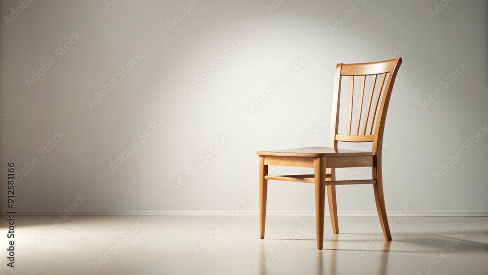 Low-angle perspective of a solitary, classic wooden chair standing alone on a plain, creamy-white background, emphasizing simplicity and elegance in negative space. Low-angle perspective of a solitary, classic wooden chair standing alone on a plain, creamy-white background, emphasizing simplicity and elegance in negative space.