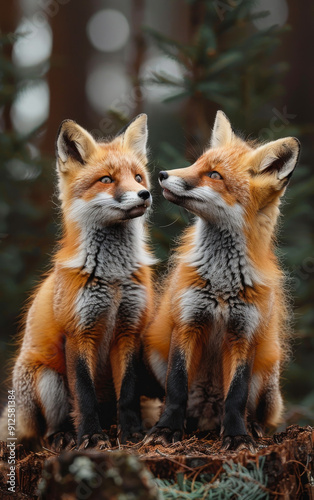 Two baby foxes are sitting on a log, looking at the camera. Scene is playful and cute