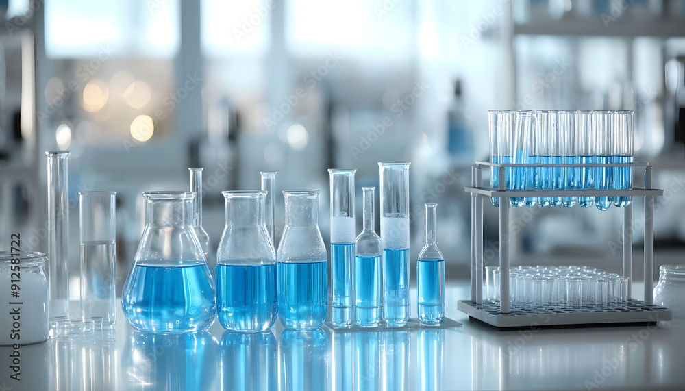 Beaker Filled with Clear Liquid and an Erlenmeyer Flask on a Laboratory Table Beaker Filled with Clear Liquid and an Erlenmeyer Flask on a Laboratory Table