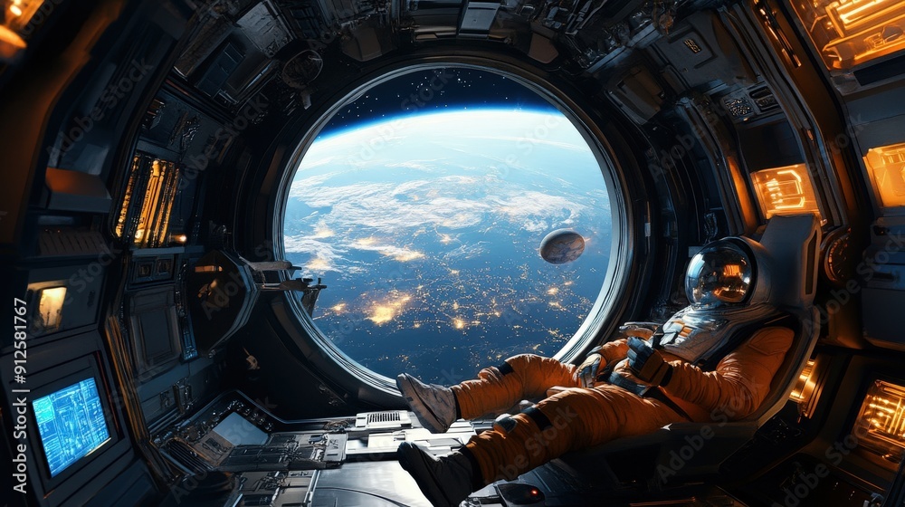 Astronaut looking out of a spaceship window at a blue planet and a small moon. Astronaut looking out of a spaceship window at a blue planet and a small moon.