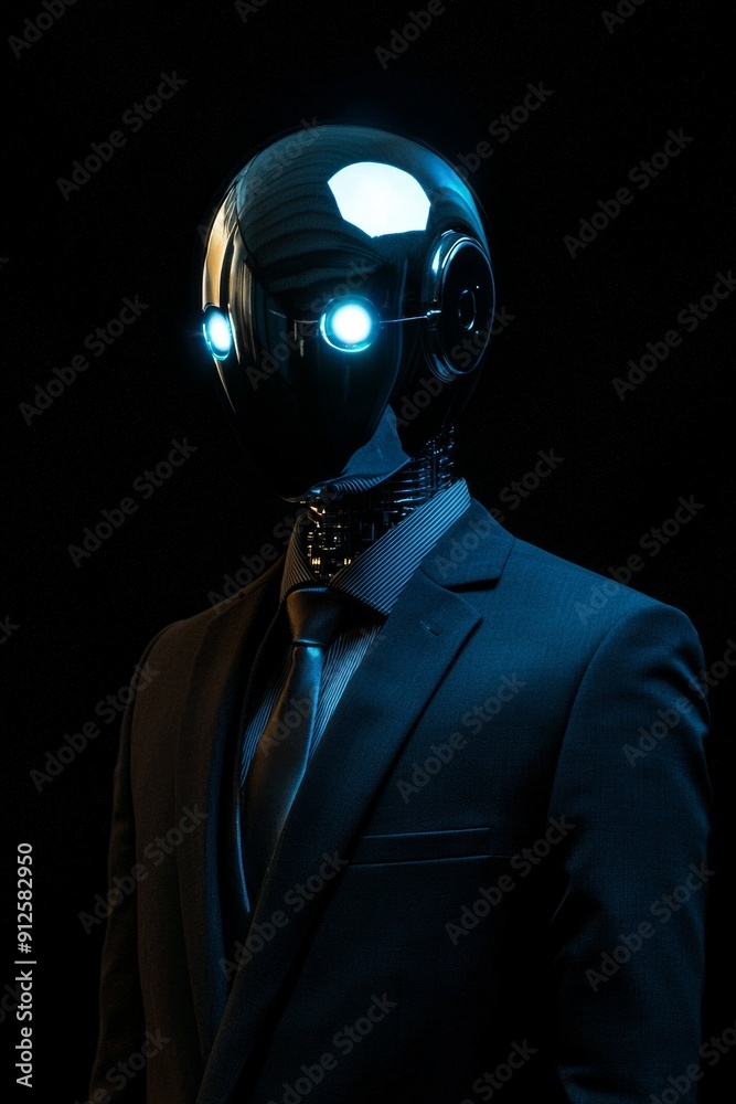 An isolated cyborg wearing a business suit on a black background An isolated cyborg wearing a business suit on a black background