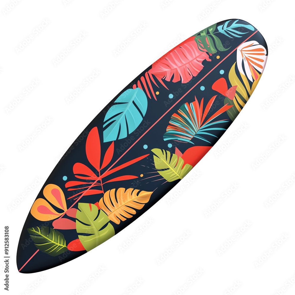 Vibrant surfboard adorned with tropical foliage, perfect for capturing beach vibes and summer adventures.