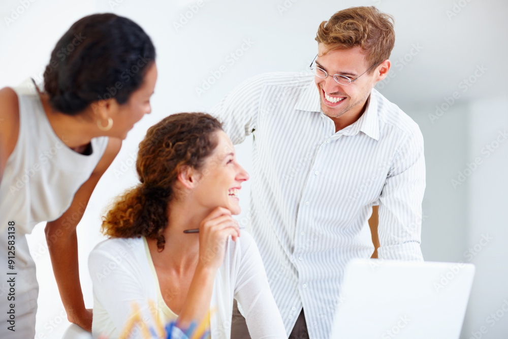 Happy business people, laptop and discussion with team for project, design or collaboration at office. Group of creative designers or smile on computer, web or online startup together at workplace Happy business people, laptop and discussion with team for project, design or collaboration at office. Group of creative designers or smile on computer, web or online startup together at workplace