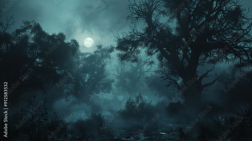 Forest in heavy fog with eerie atmosphere Forest in heavy fog with eerie atmosphere