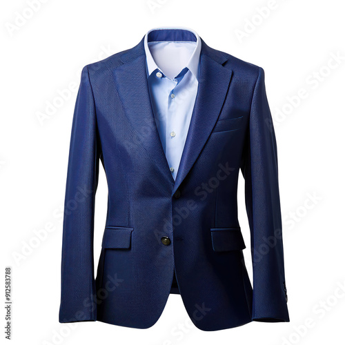 Elegant navy blue blazer with a crisp shirt, perfect for formal events or business attire, showcasing style and sophistication.