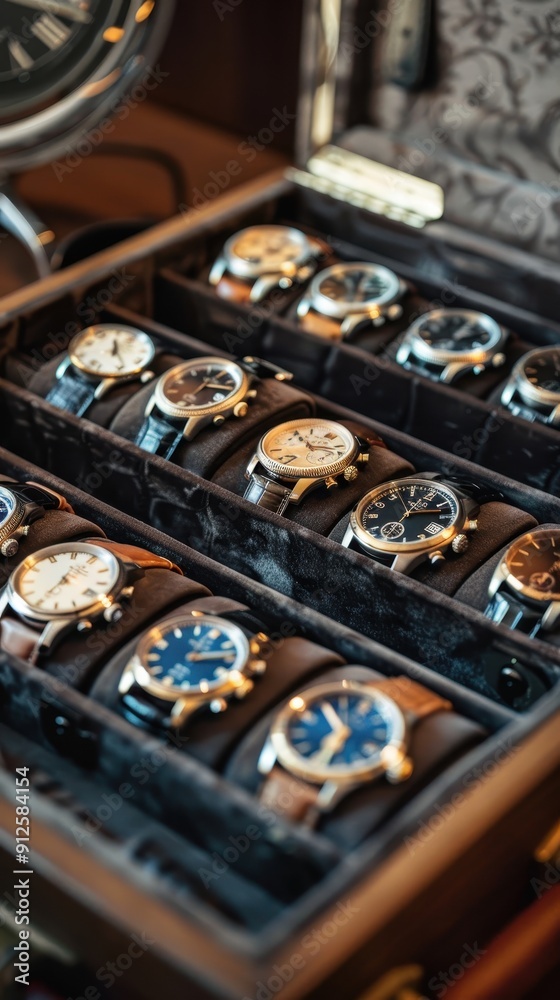 A stunning array of watches neatly arranged in a stylish black storage box A stunning array of watches neatly arranged in a stylish black storage box