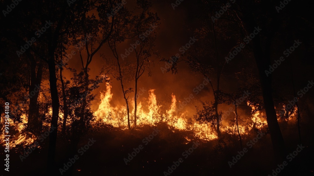 Forest Fire at Night with Trees Ablaze in a Fiery Inferno Forest Fire at Night with Trees Ablaze in a Fiery Inferno
