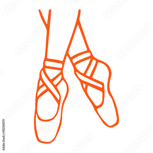 A pair of orange ballet shoes or pointe shoes on a white background