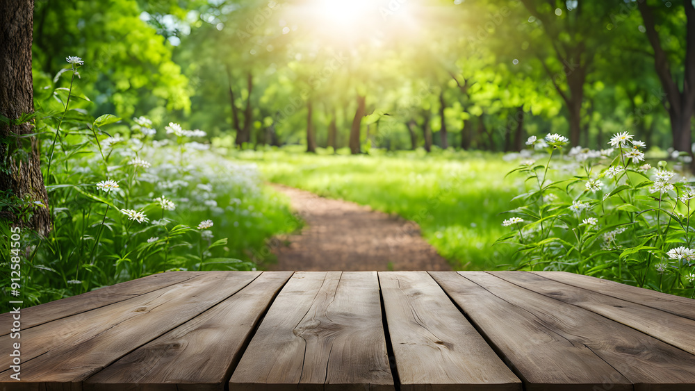 A wooden table with a view of a lush green field and a path