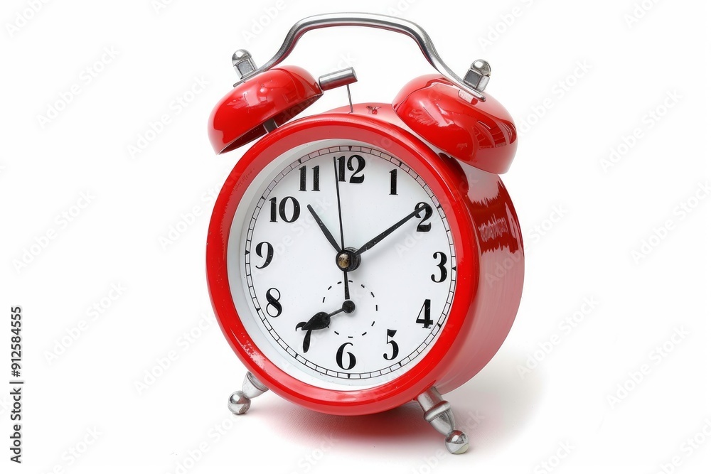 Red alarm clock on a white background measuring time passing Red alarm clock on a white background measuring time passing