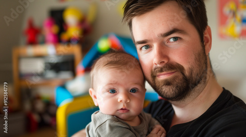 A middle-aged father holding his baby daughter in his arms, smiling and happy, smiling at home.