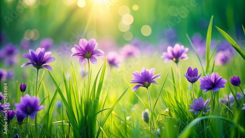 Purple flowers blooming in swirling green grass wallpaper, purple, flowers, blooming, swirling, green, grass, wallpaper