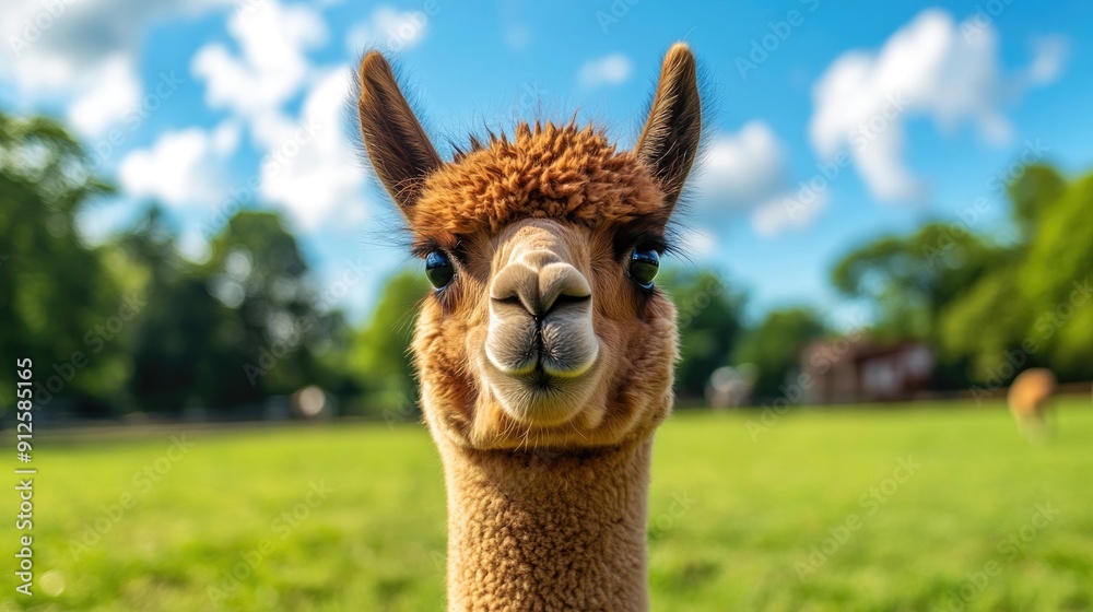 Fototapeta premium Alpaca cute face portrait. Lama look at camera, closeup view