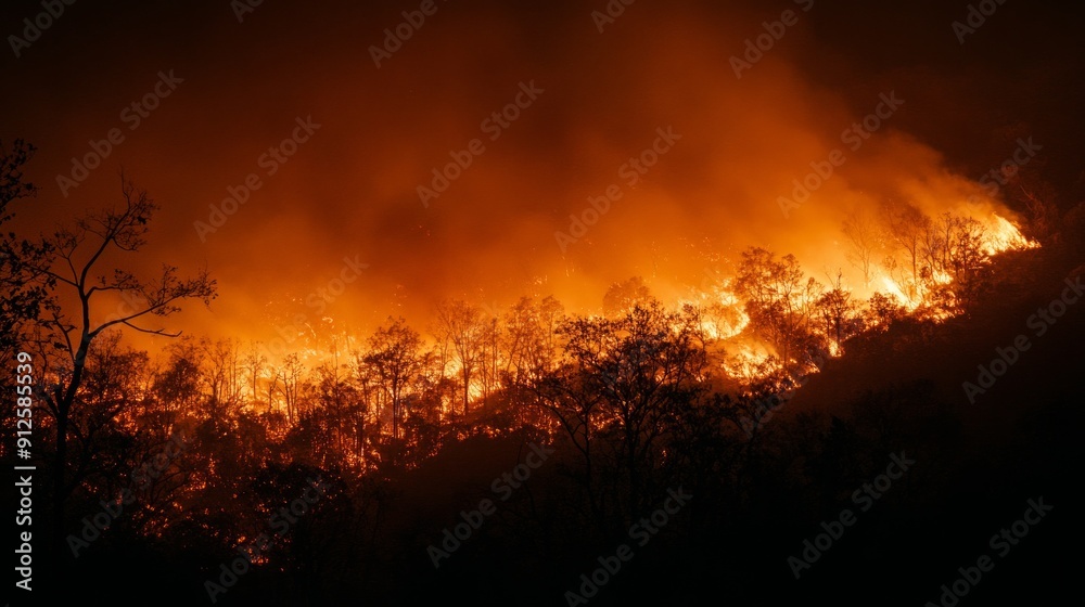 Forest Fire at Night with Trees Ablaze in a Fiery Inferno Forest Fire at Night with Trees Ablaze in a Fiery Inferno