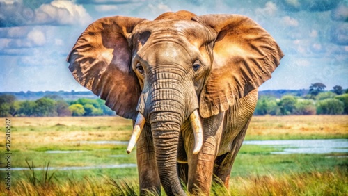 Realistic watercolor of a majestic African elephant in its natural habitat, detailed texture and wildlife conservation theme photo