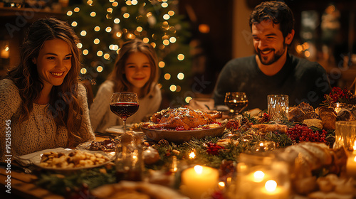 A joyful family gathering around a festive dinner table, celebrating the magic of Christmas with food and laughter.