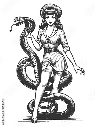 pin-up girl with large snake wrapped around her, daring theme sketch engraving generative ai fictional character vector illustration. Scratch board imitation. Black and white image.