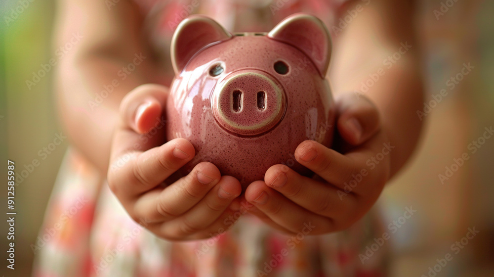Baby hand holding a piggy bank for saving money and financial concept, The concept of saving money Baby hand holding a piggy bank for saving money and financial concept, The concept of saving money
