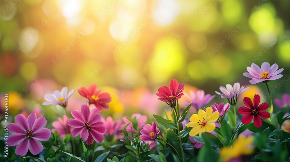 Vibrant floral tapestry of pink, purple, and red blooms dancing in a sun-kissed spring garden Vibrant floral tapestry of pink, purple, and red blooms dancing in a sun-kissed spring garden