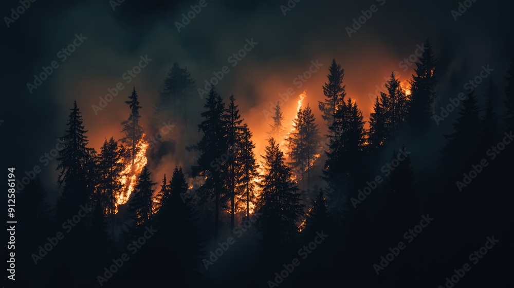 Forest Fire at Night with Trees Ablaze in a Fiery Inferno Forest Fire at Night with Trees Ablaze in a Fiery Inferno
