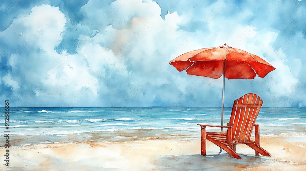 A serene beach scene featuring a red umbrella and an Adirondack chair by the ocean, perfect for relaxation and summer vibes. A serene beach scene featuring a red umbrella and an Adirondack chair by the ocean, perfect for relaxation and summer vibes.