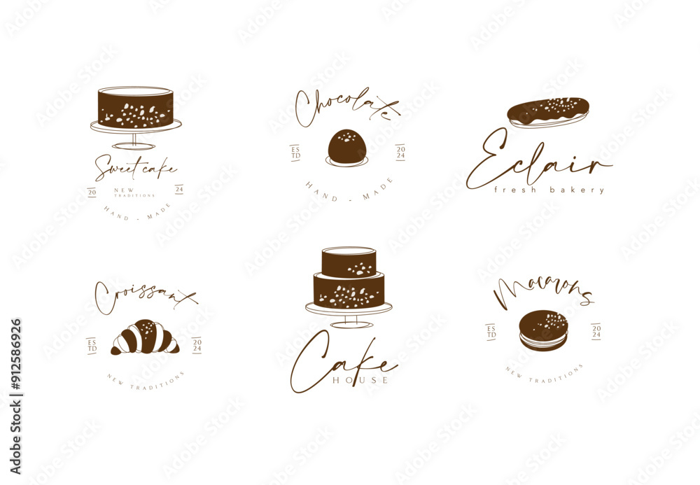 Confectionery sweet labels cake, candy, eclair, croissant, macaroons with text drawing on white background