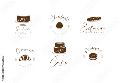 Obraz na płótnie Confectionery sweet labels cake, candy, eclair, croissant, macaroons with text drawing on white background w salonie