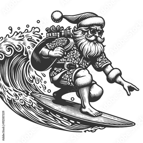 Santa Claus Hawaiian shirt sunglasses, surfing with sack of gifts. Fun and festive tropical holiday sketch engraving generative ai vector illustration. Scratch board imitation. Black and white image.